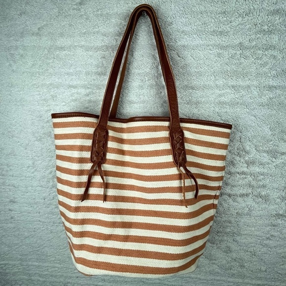 MASSI Striped Brown Cream Tote Leather & Cotton Shoulder Tote Bag - Picture 1 of 16